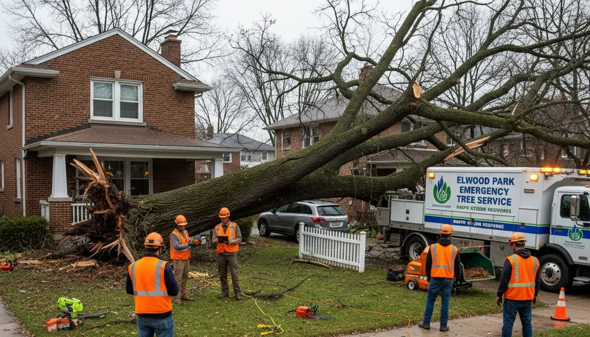 Emergency tree removal after storm damage in Elmwood Park, IL by Oak Park tree service crew