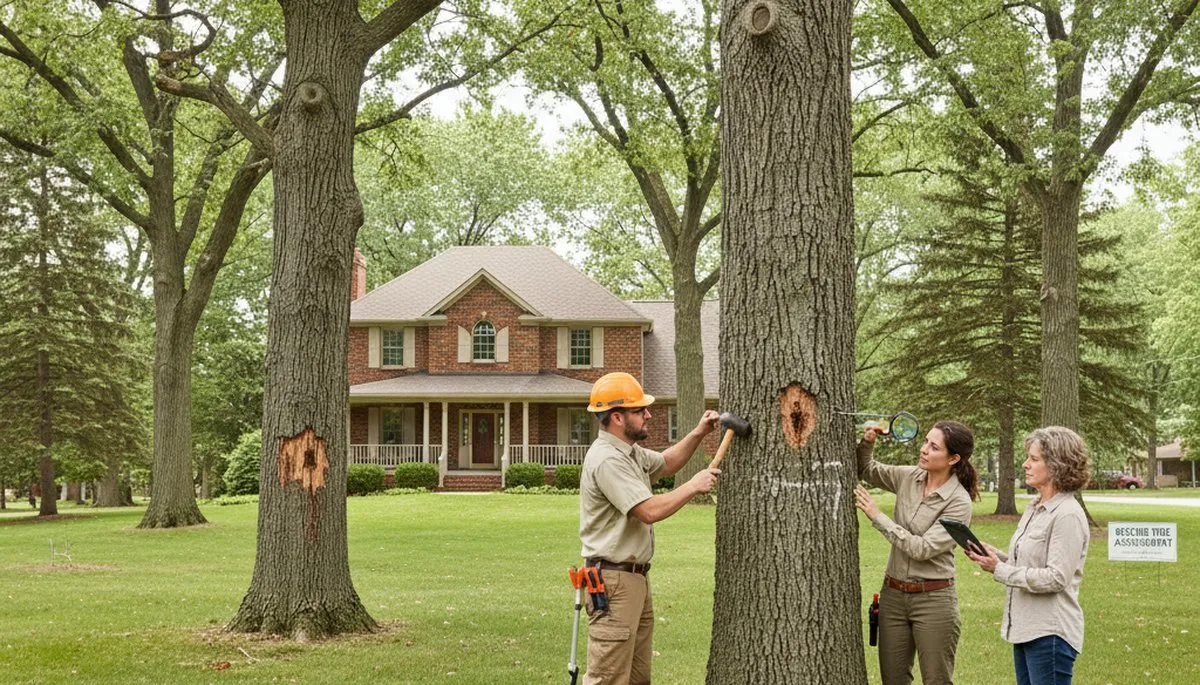Certified arborist performing tree health assessment for oak care in Oak Park, IL