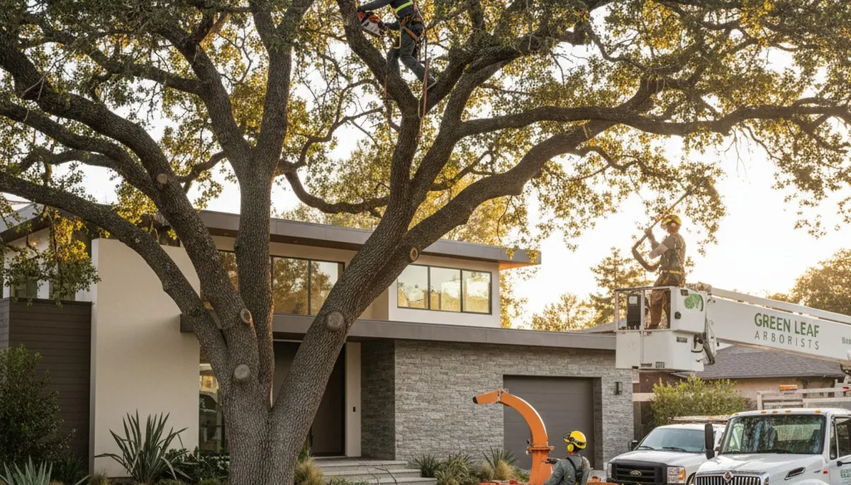 Arborist trimming oak tree branches in Oak Park, IL for professional tree care service