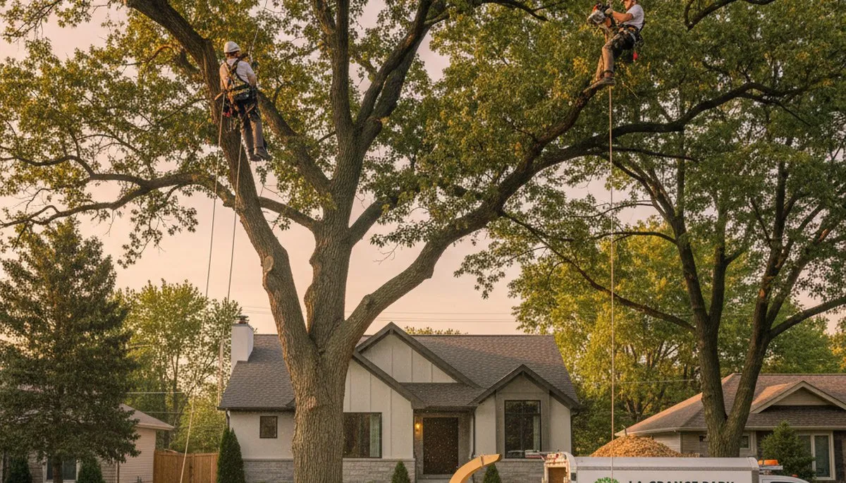 Professional tree removal service in Oak Park IL safely cutting large tree near residential property