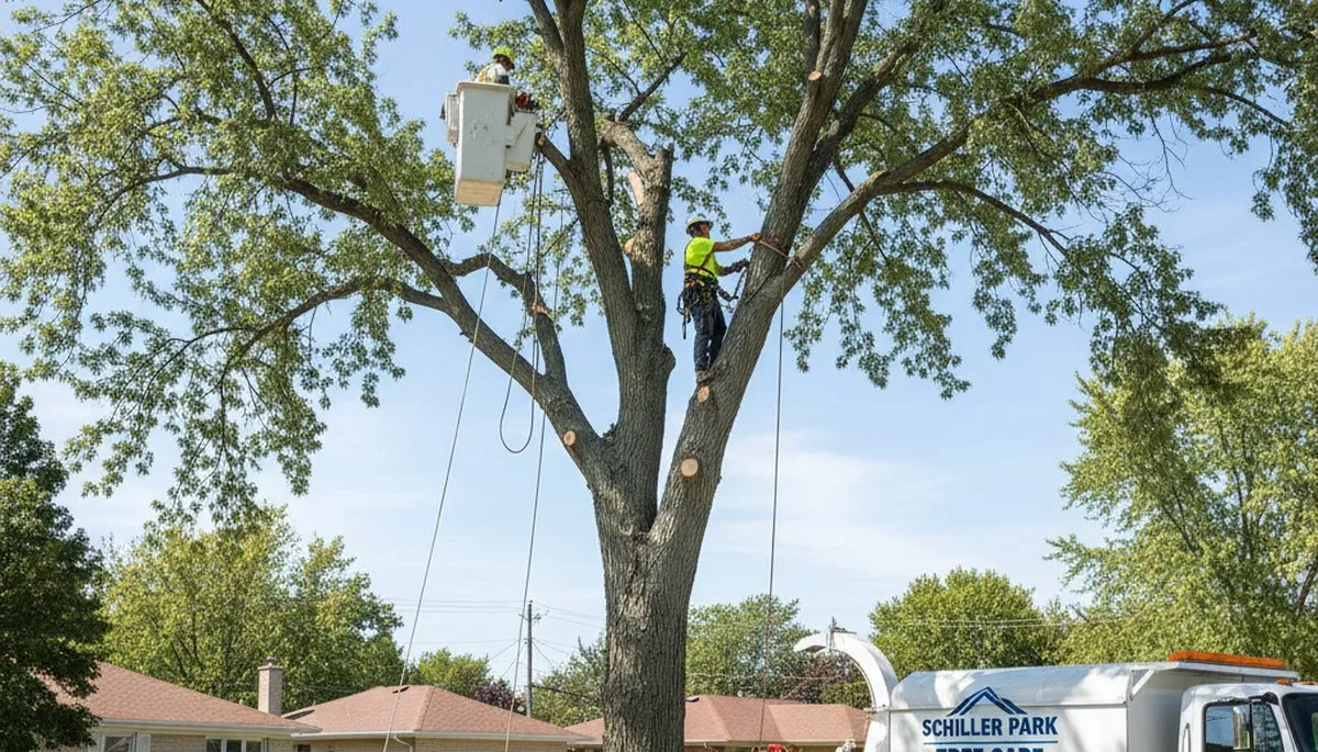 Professional tree removal service in Oak Park IL safely cutting and clearing large residential trees